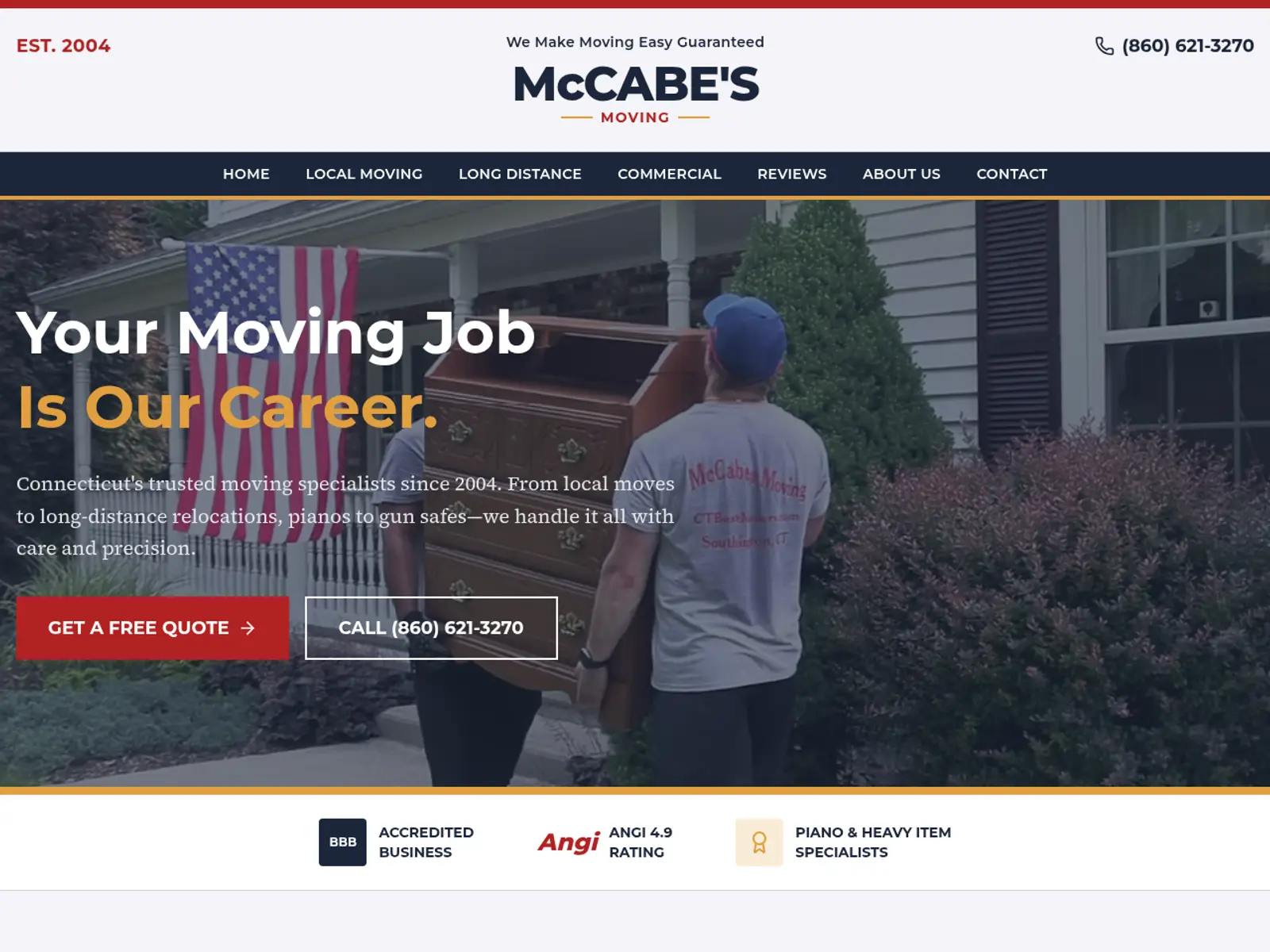 McCabe's Moving website homepage — Southington CT family-owned moving company with A+ BBB rating
