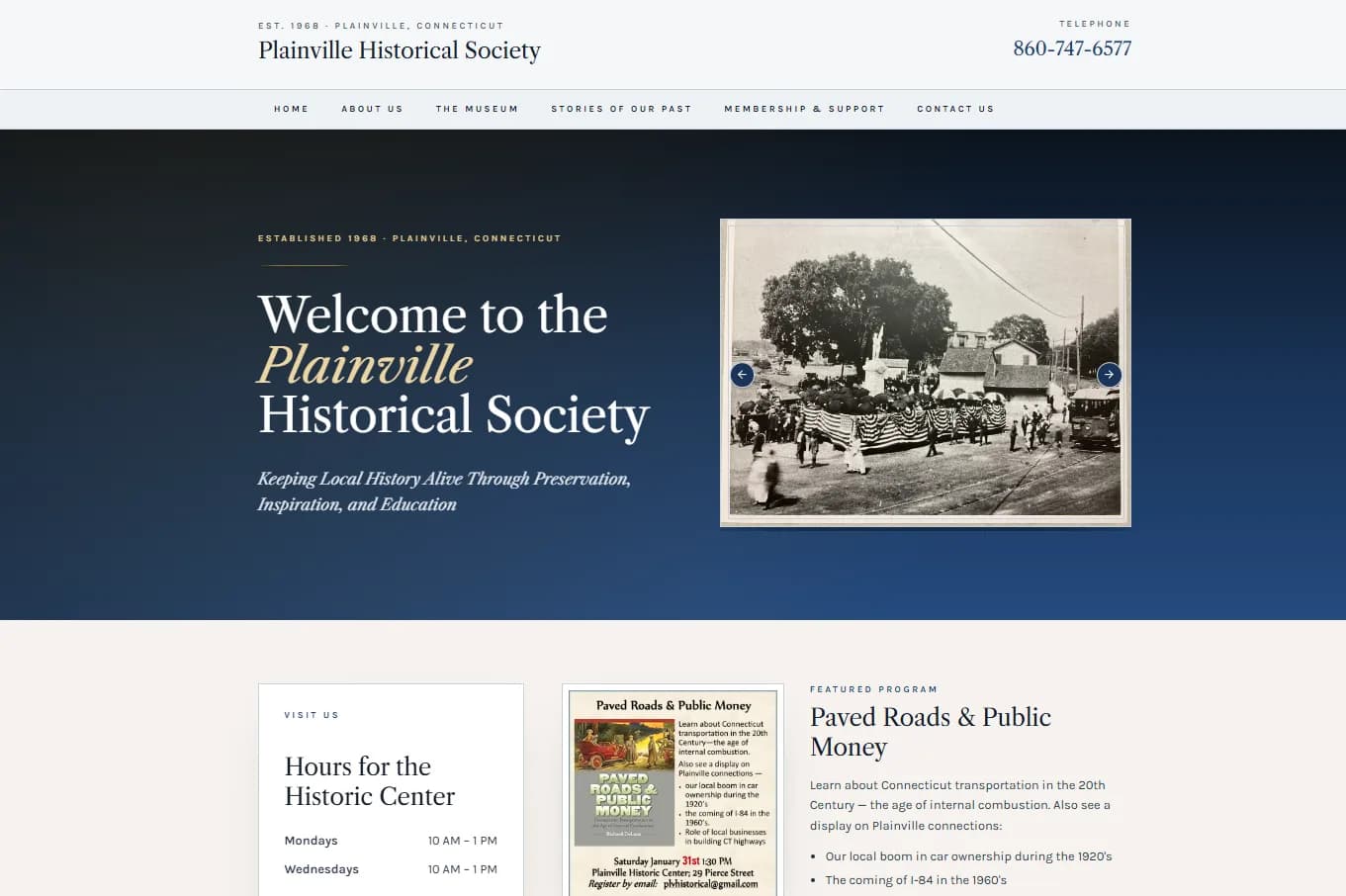After: Plainville Historical Society's rebuilt website by Connecticut Website Company — modern typography, organized layout, fast loading, mobile-friendly