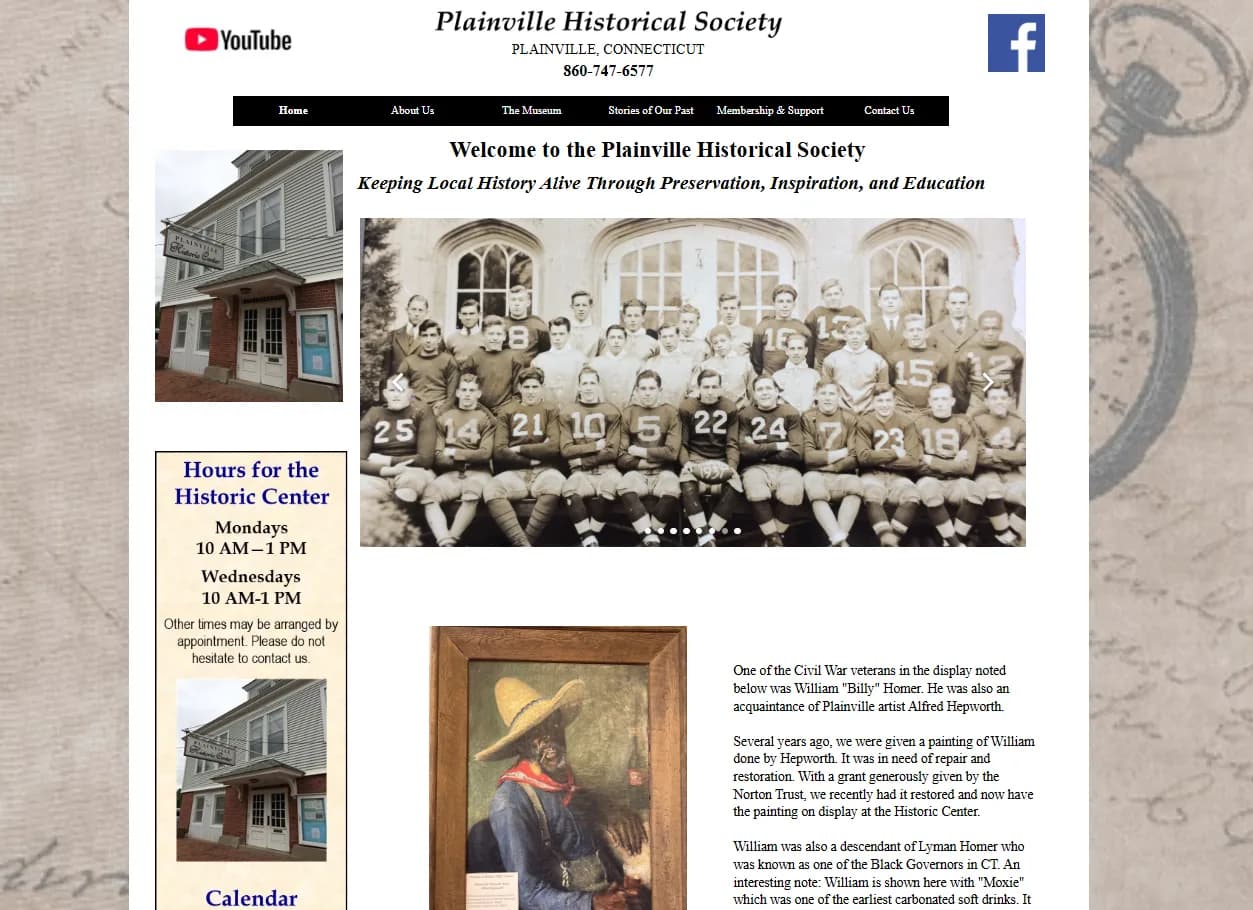 Before: Plainville Historical Society's old website built on Webydo — cluttered layout, dated typography, slow loading